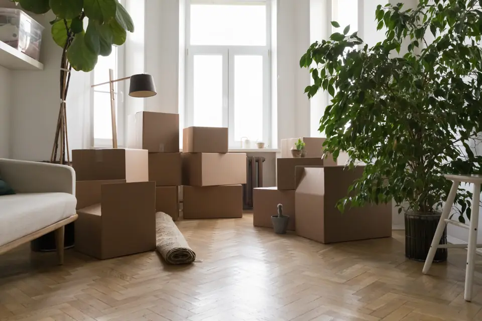 Bright living room with stacked cardboard boxes and a rolled rug on moving day