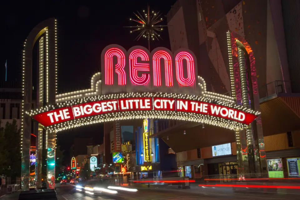 Reno Arch at night, lit